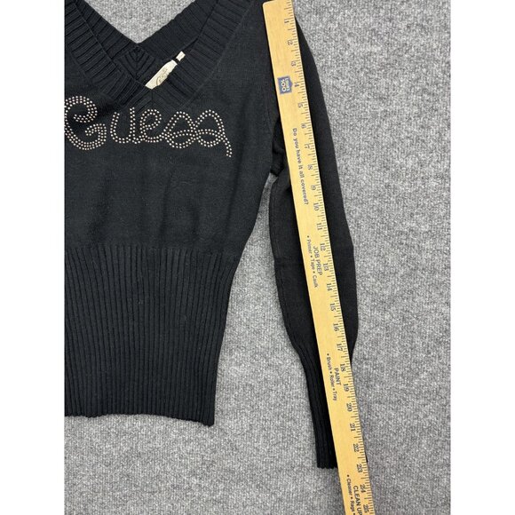 Guess Sweater Womens Small Black V-Neck Rhinestone Logo Ribbed Knit Pullover - Picture 5 of 9